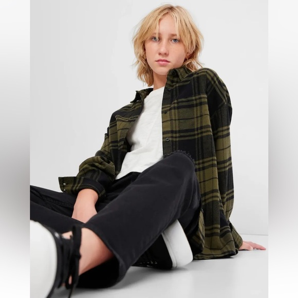 Gap Kids Teen 100% Organic Cotton Flannel Button Up Shirt Green Plaid Large 10 - Picture 1 of 6